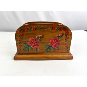 Vintage Hand-Painted Wooden Napkin Holder Red Rose Floral Design 1990s